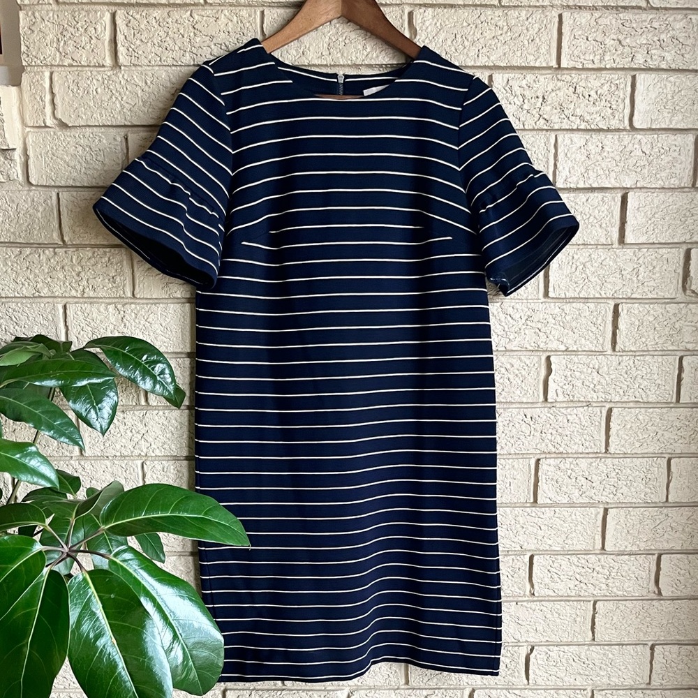 Loft Dress Navy White Striped Bell Sleeve Shift Dress Sz S Spring Dress